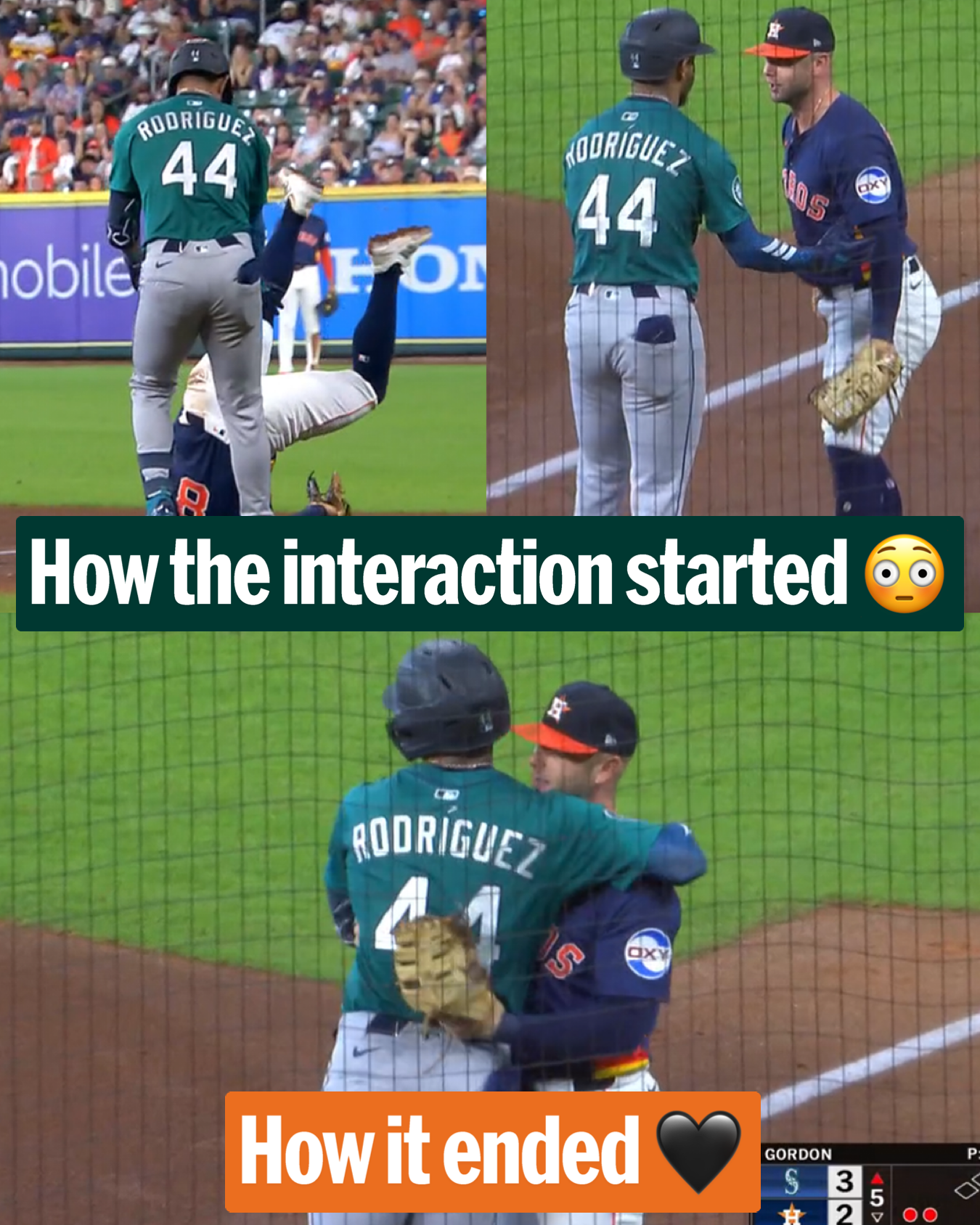 Julio Rodríguez and Christian Walker ended up hugging it out after colliding at first base