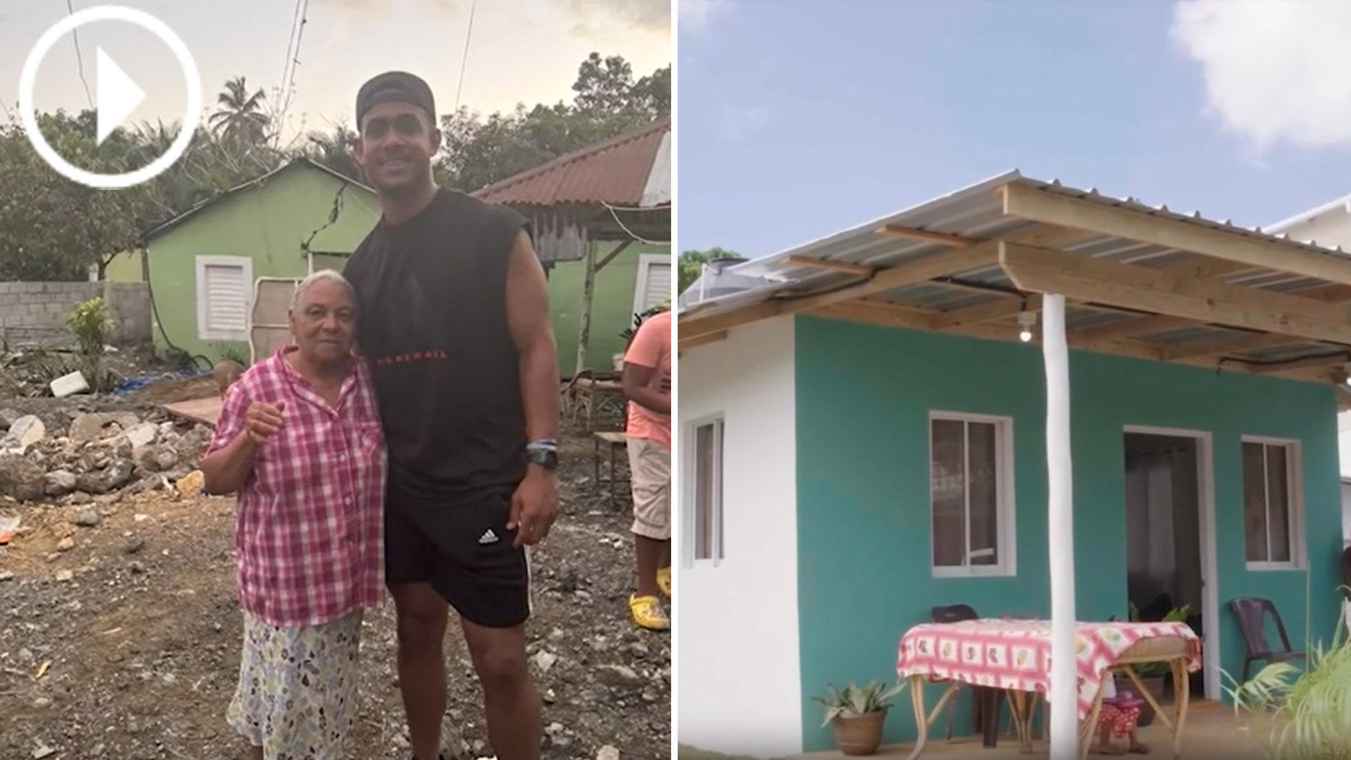Julio Rodríguez and Agripina Polanco with house before and after rebuild