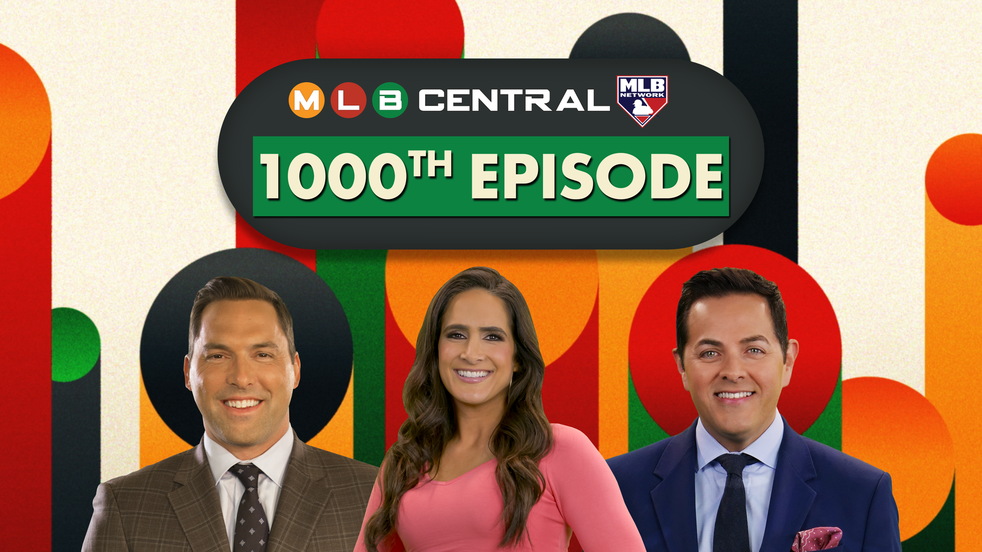 Pictures of Mark DeRosa, Lauren Shehadi and Robert Flores under the MLB Central logo
