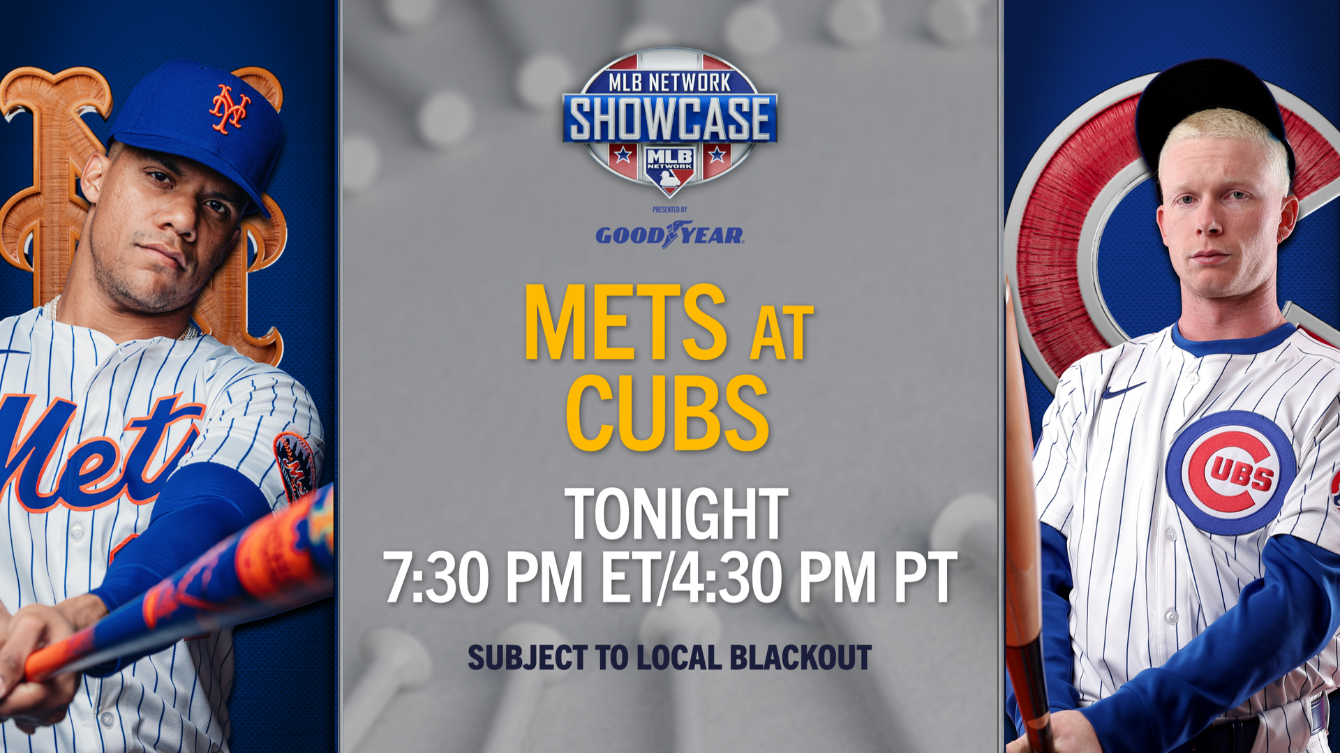 MLB Showcase logo between images of Juan Soto and Pete Crow-Armstrong