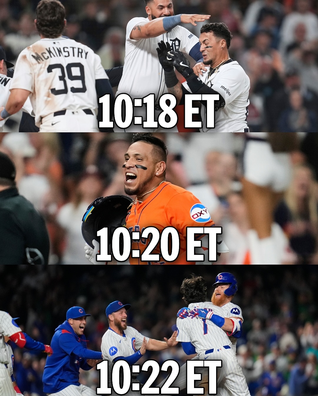 The Tigers, Astros and Cubs all walked off within minutes of each other
