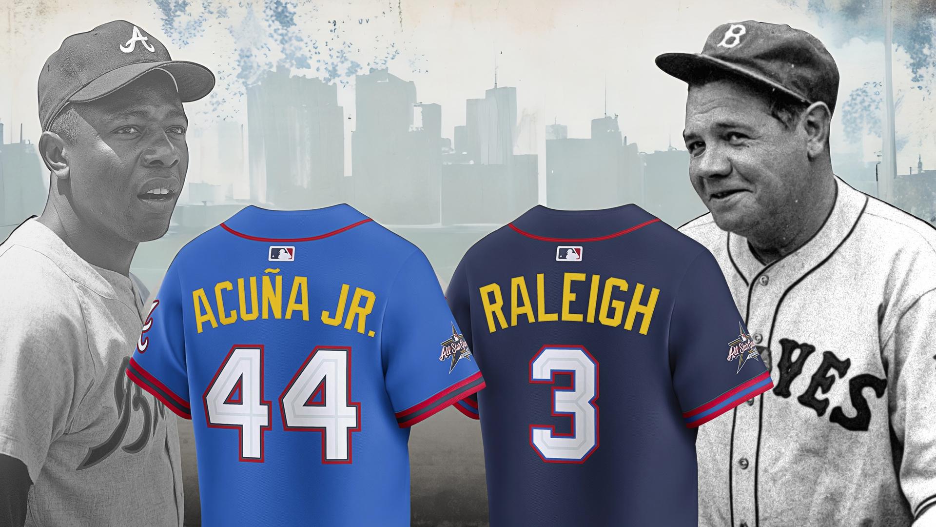 2025 Home Run Derby jerseys with Hank Aaron and Babe Ruth behind them