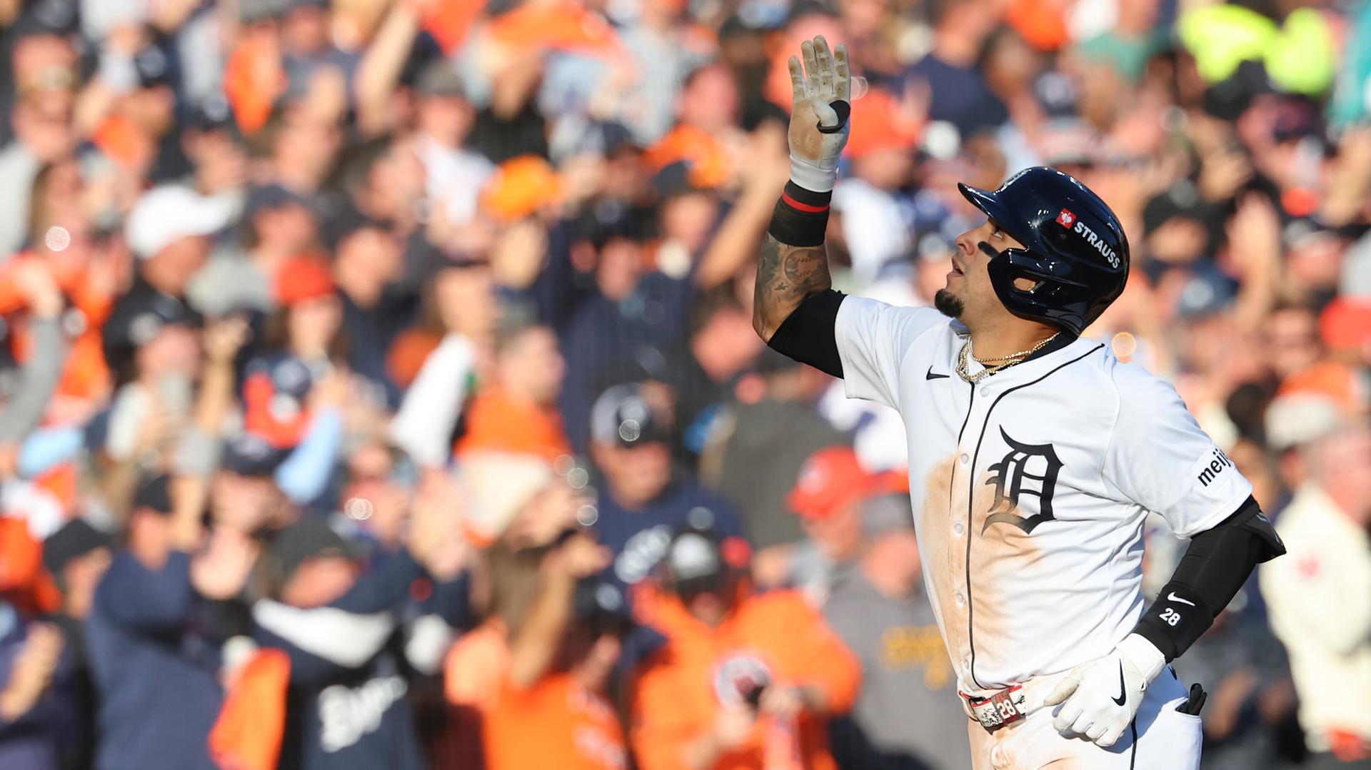 Javier Báez celebrates after his ALDS Game 4 homer