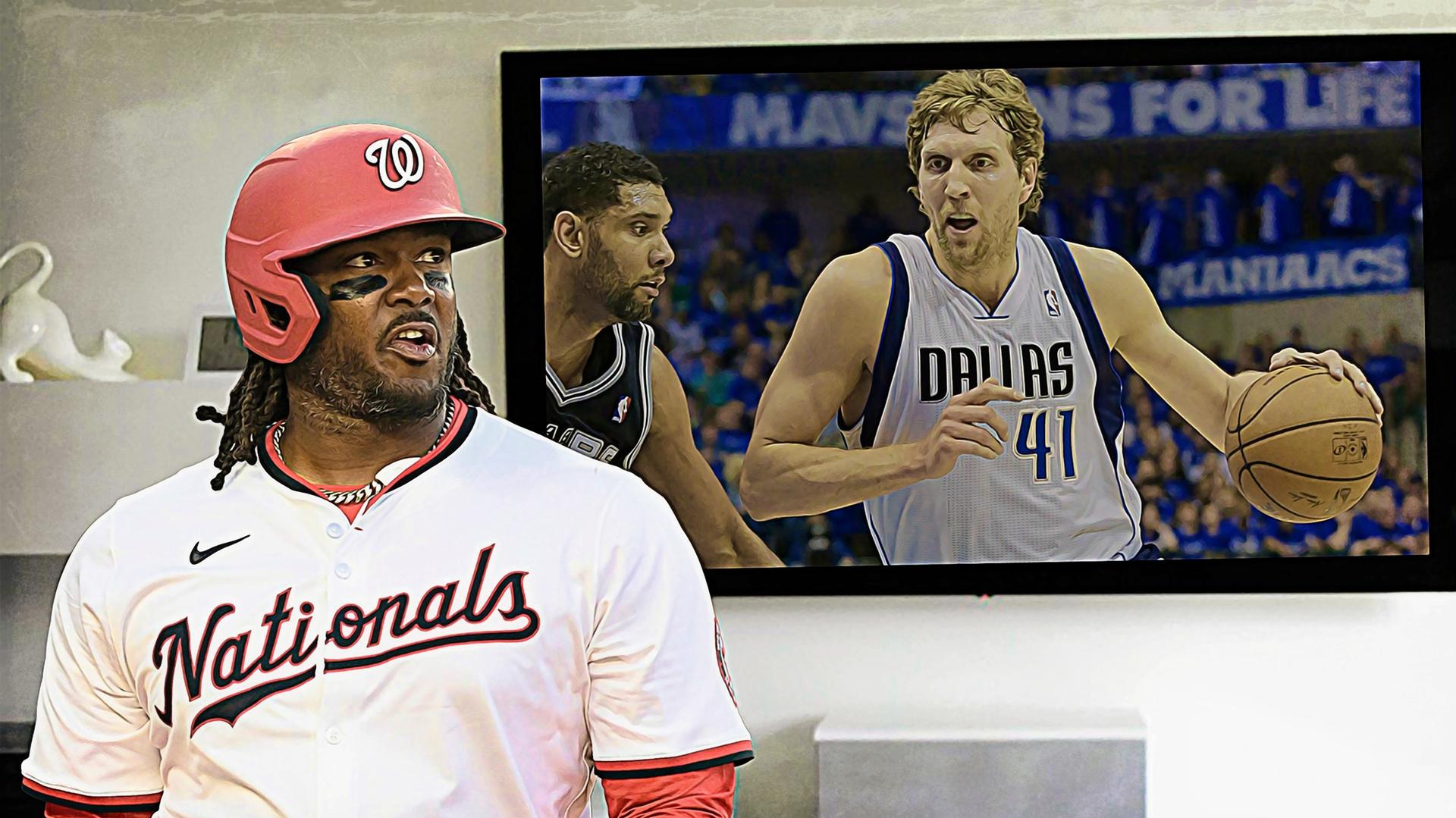 Josh Bell watching Dirk Nowitzki drive on Tim Duncan