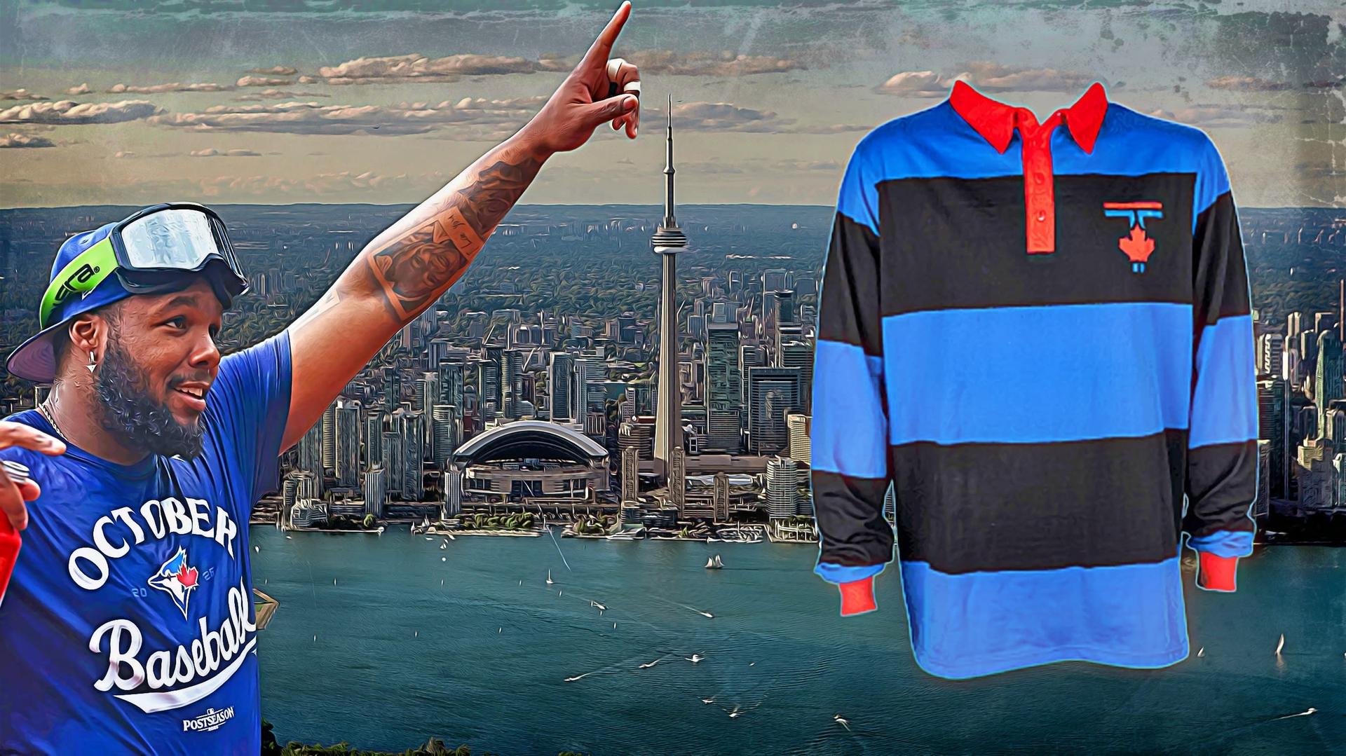Vladimir Guerrero Jr. wearing an October Baseball shirt and cutout of the City Connect Rugby Jersey