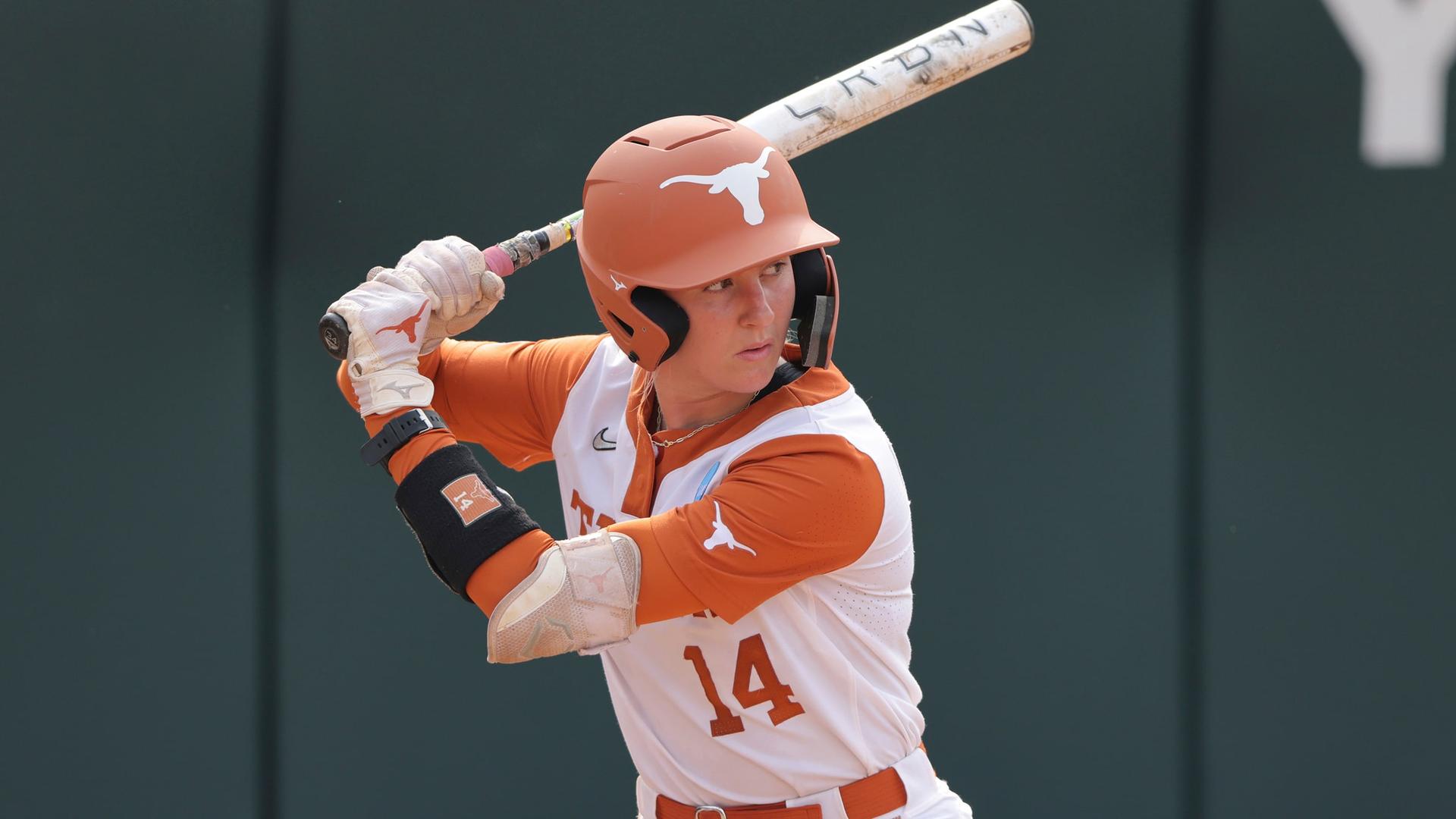 University of Texas softball player Reese Atwood in the batter's box