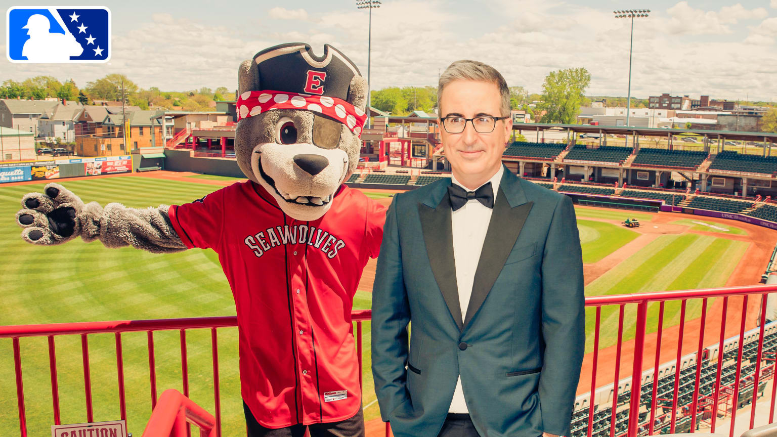 Erie SeaWolves mascot C. Wolf and John Oliver