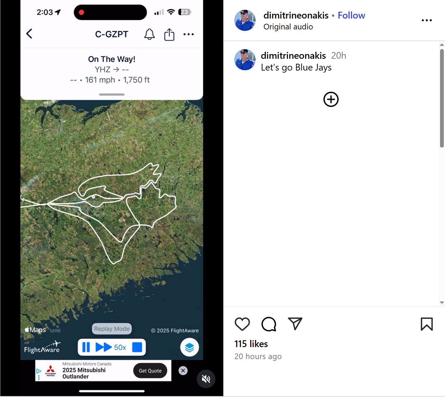 Dimitri Neonakis' post on Instagram about his flight in the shape of the Blue Jays logo