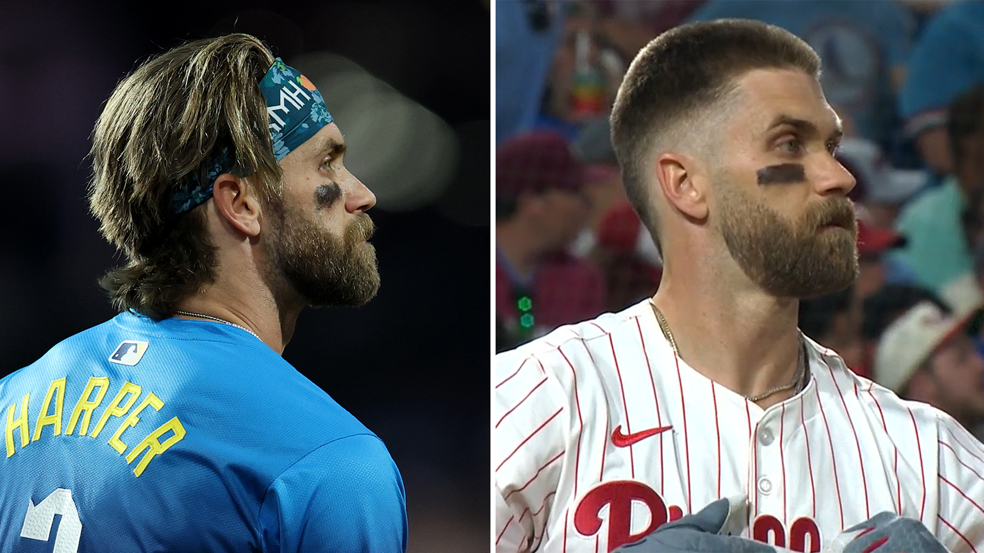 Split image of Bryce Harper before and after cutting his hair