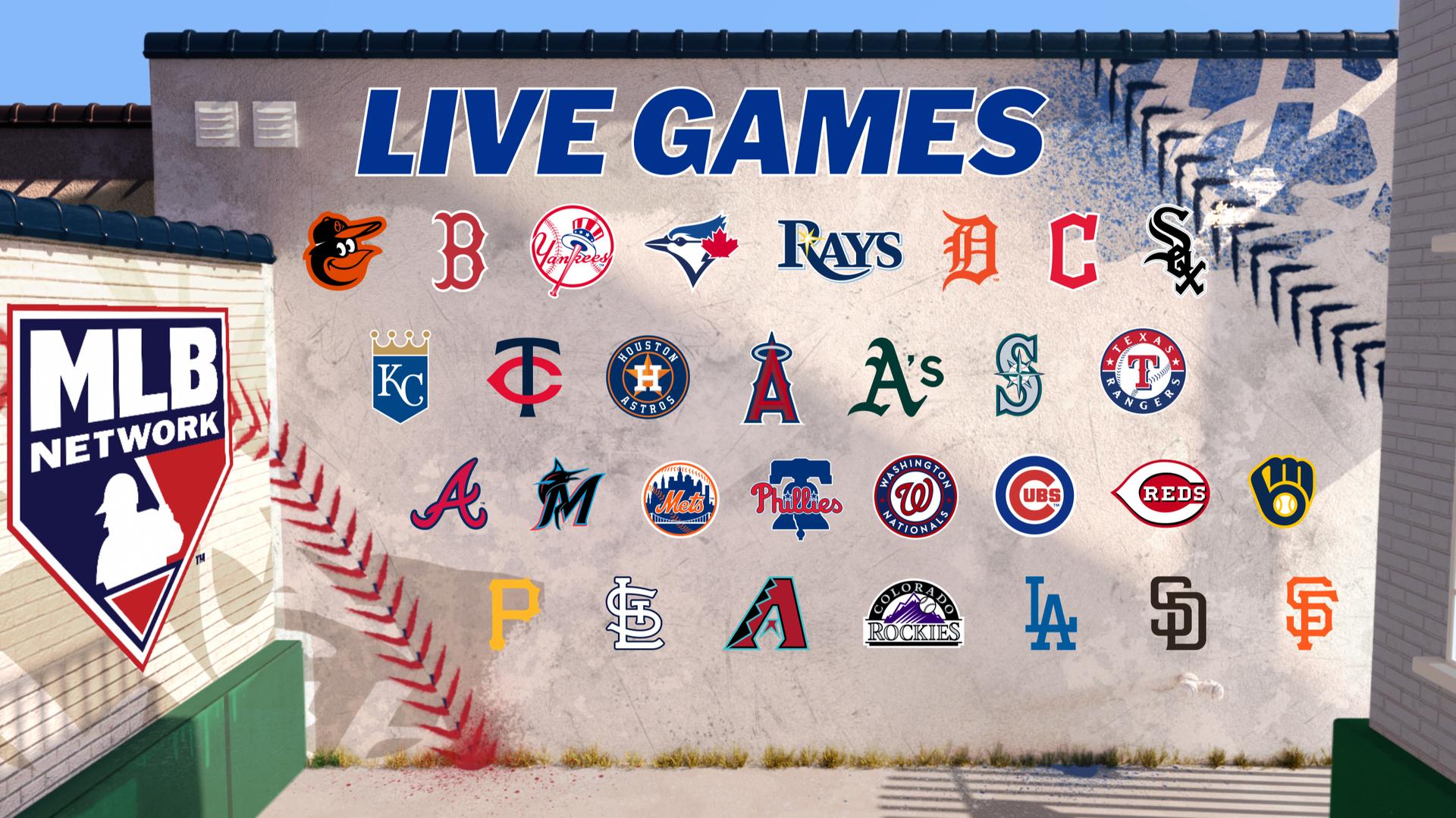 MLB Network's logo alongside all 30 team logos beneath a heading that reads ''Live Games''