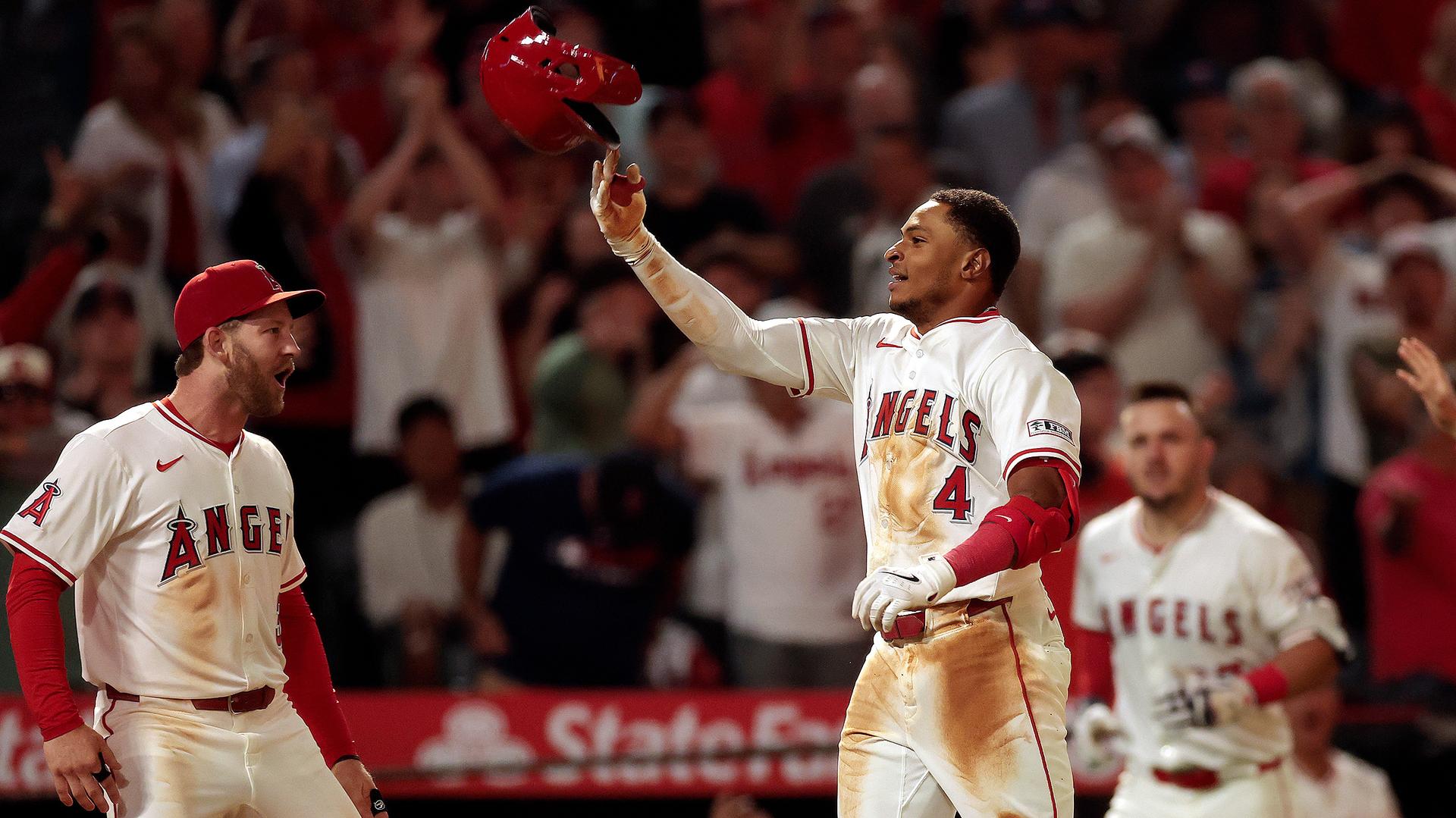 Christian Moore celebrates his walk-off home run for the Angels