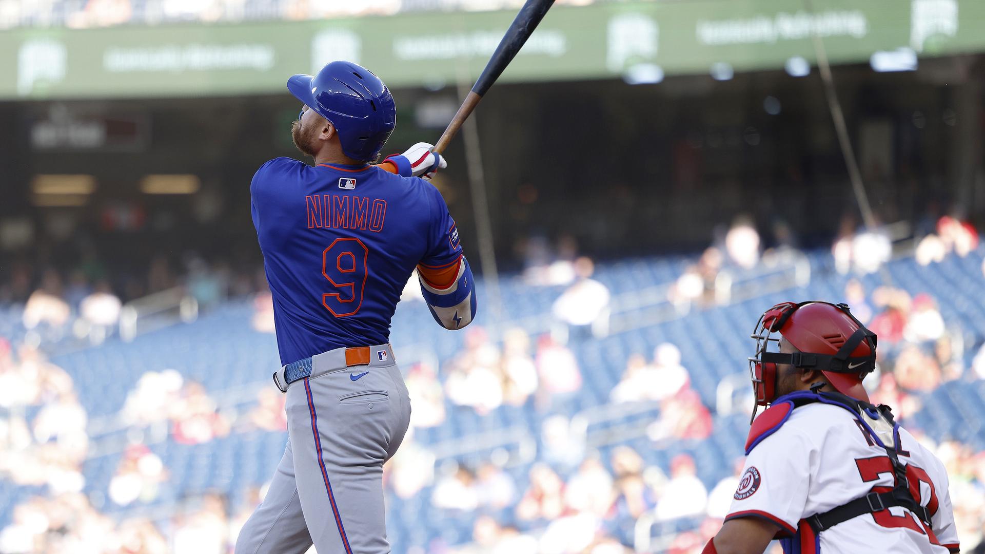 The Mets' Brandon Nimmo follows through on his three-run home run