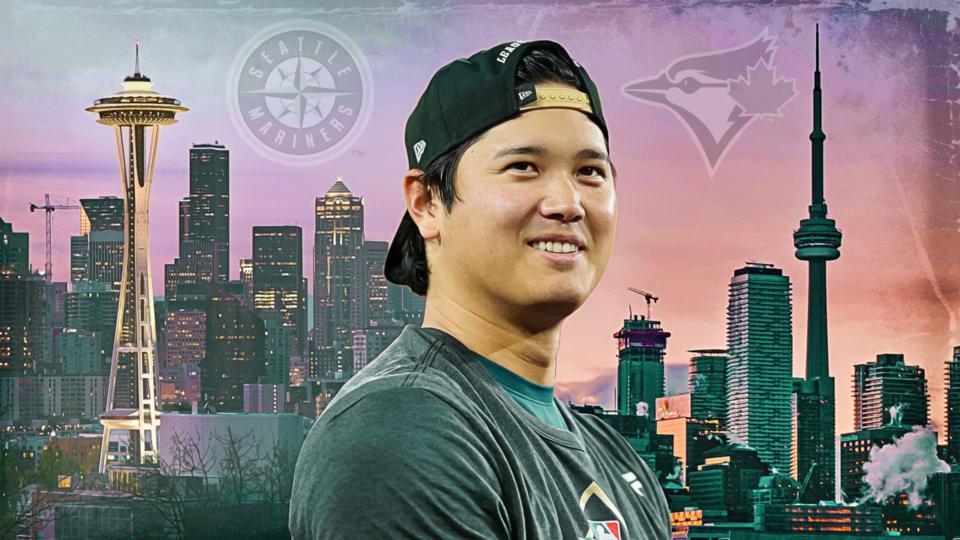 Shohei Ohtani, with the Space Needle and CN Tower in the background