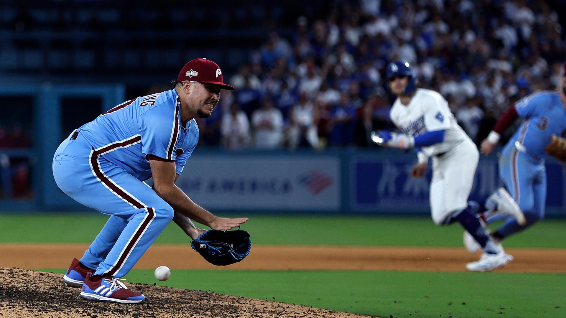 Orion Kerkering tries to field a grounder in the 11th inning of NLDS Game 4