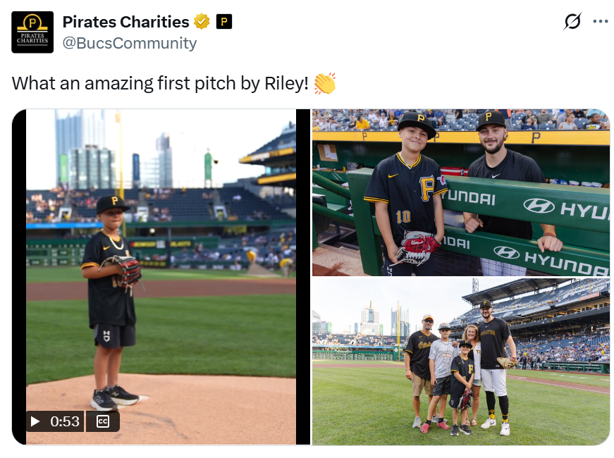 Pirates Charities post about Riley Wheaton's first pitch