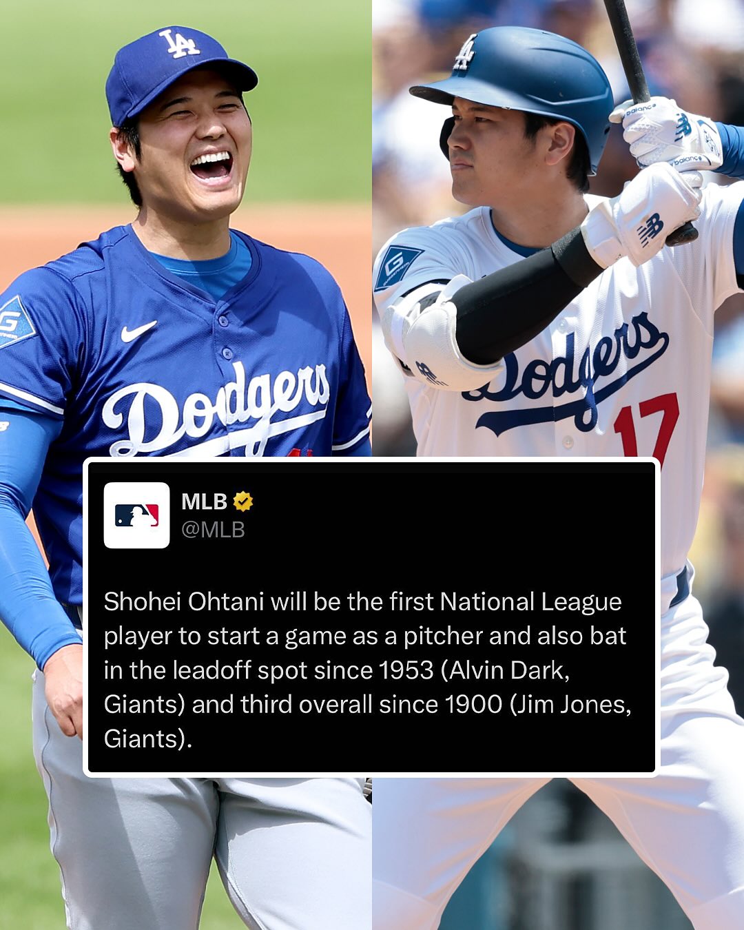 Shohei Ohtani was first NL player to start a game as pitcher and also bat leadoff since 1953
