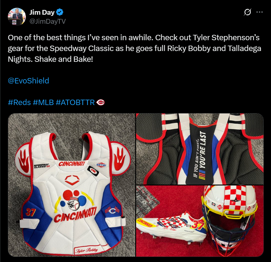 A tweet featuring Tyler Stephenson's gear for the Speedway Classic