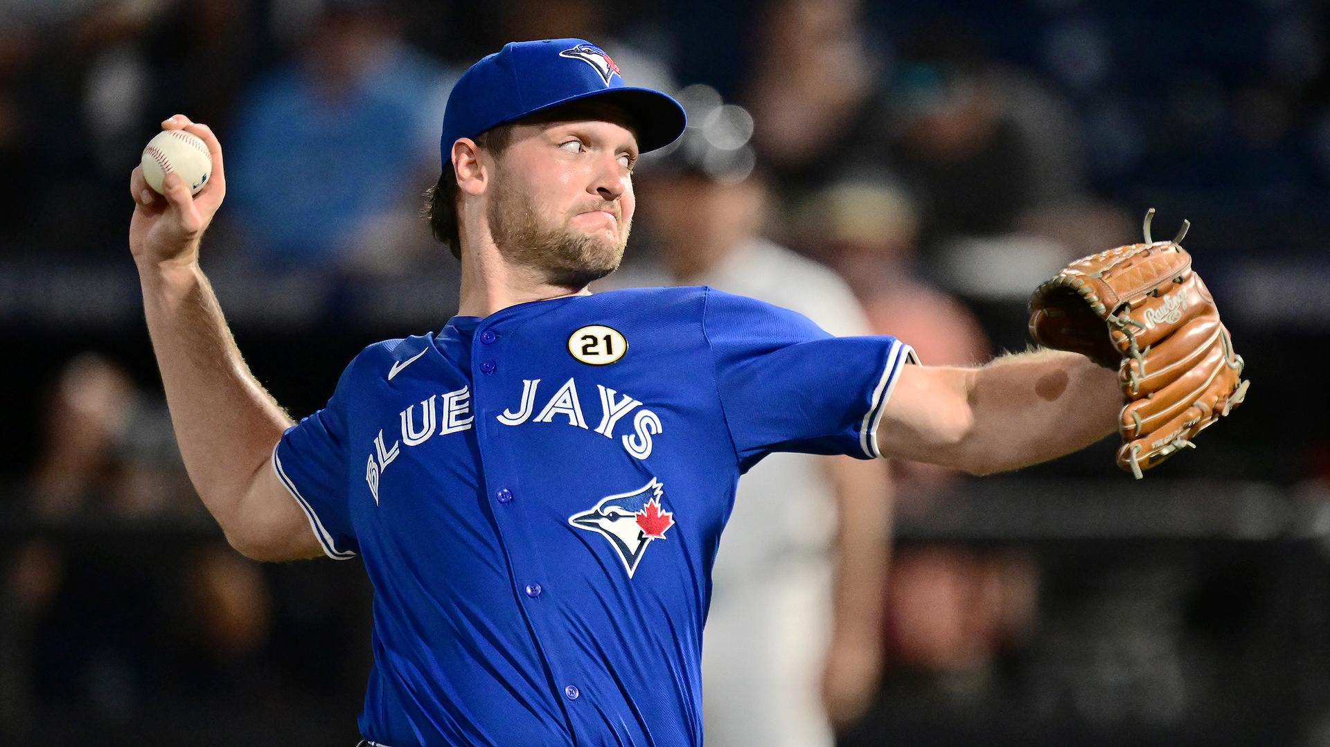 Blue Jays rookie Trey Yesavage delivers a pitch in his MLB debut