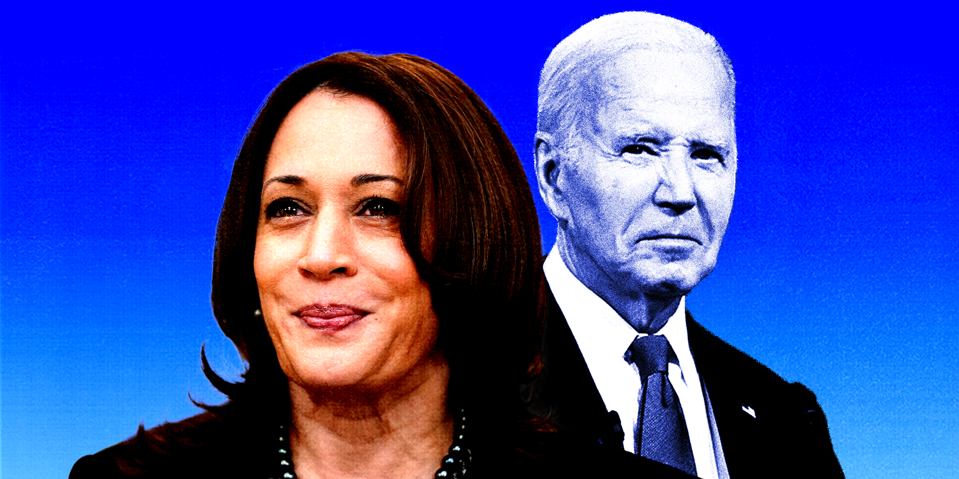 Photo illustration of smiling Kamala Harris in color standing in front of frowning Joe Biden in black and white