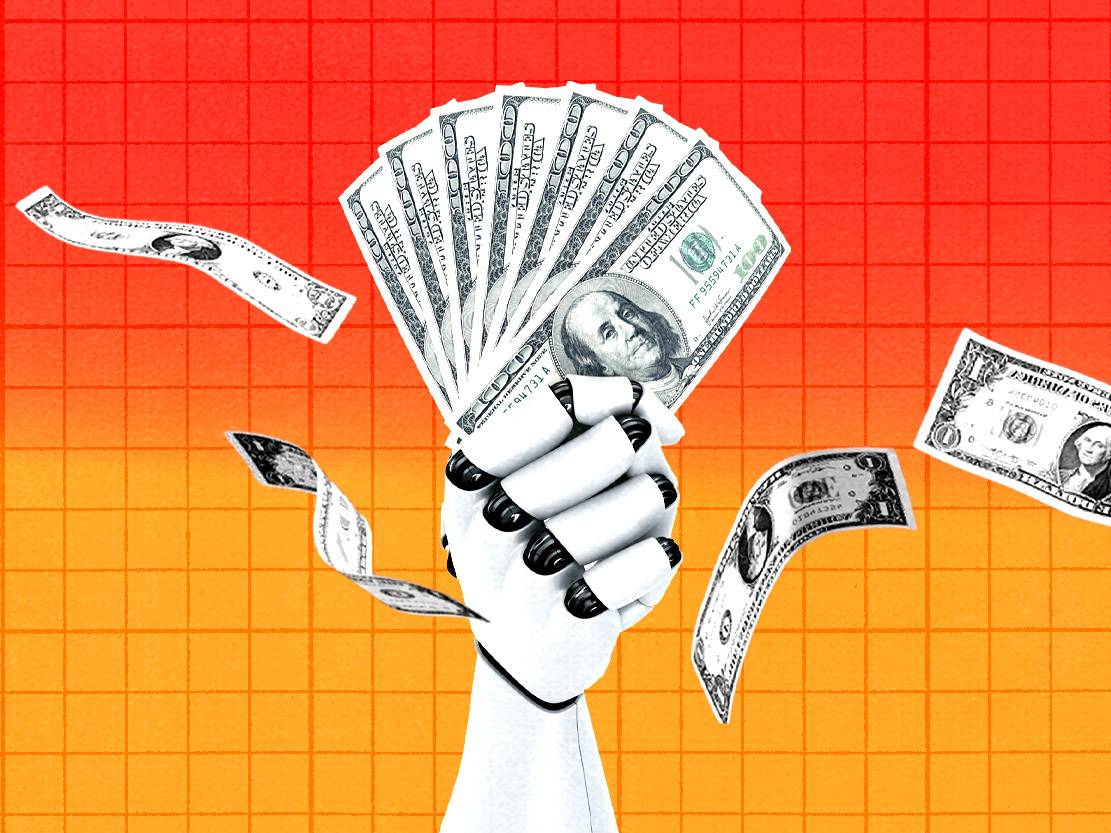 Photo illustration of robot hand holding up wads of hundred dollar bills