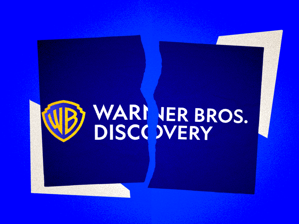 Photo illustration of Warner Bros. Discovery logo being torn apart