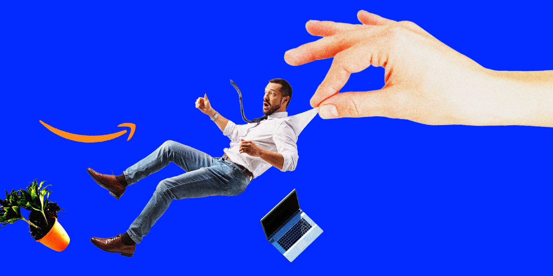 Photo illustration of Amazon worker being yanked by giant hand