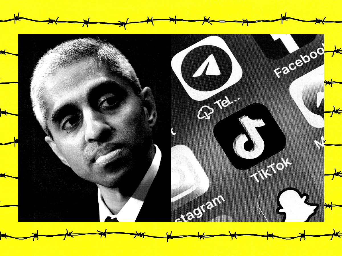 Diptych of US Surgeon general Vivek Murthy and close-up of social media app thumbnails on homescreen over barbed wire graphic