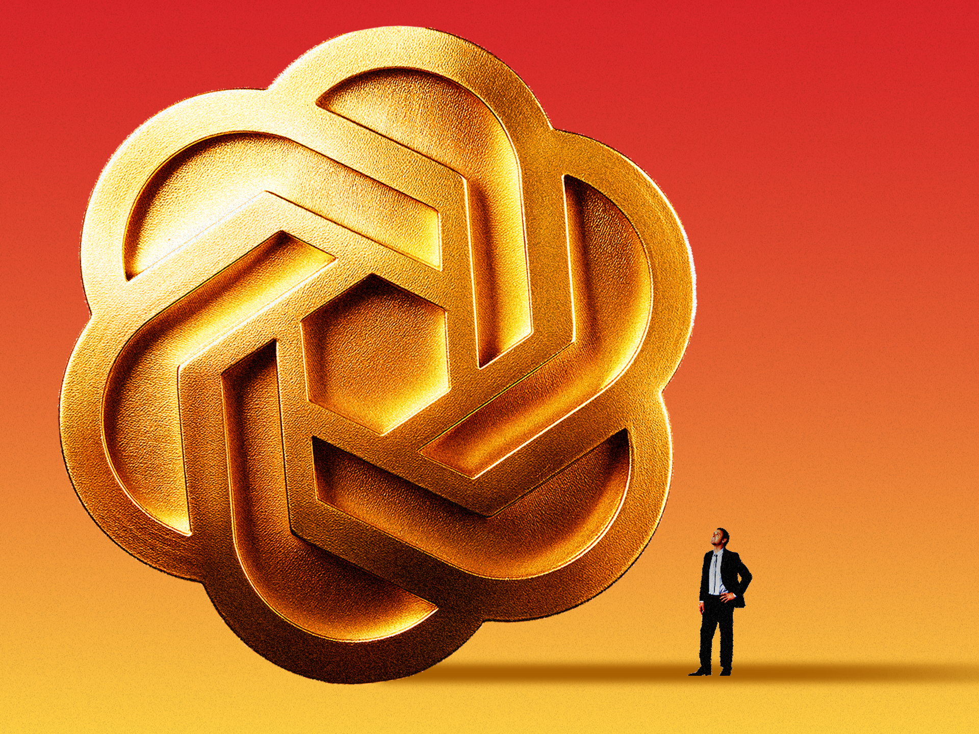 Photo illustration of small man looking up at giant gold OpenAI logo