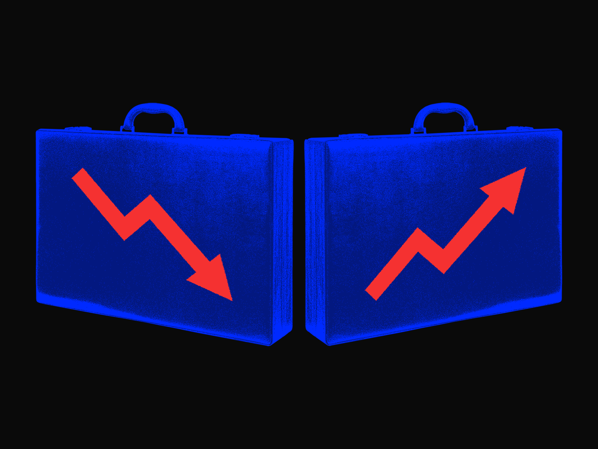 Photo illustration of suitcases with growth and shrink arrows