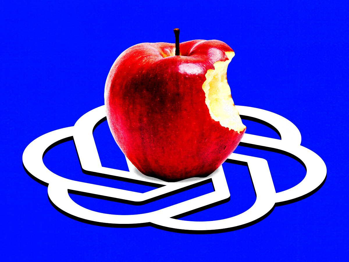 Photo illustration of Apple with bite taken on top of OpenAI logo