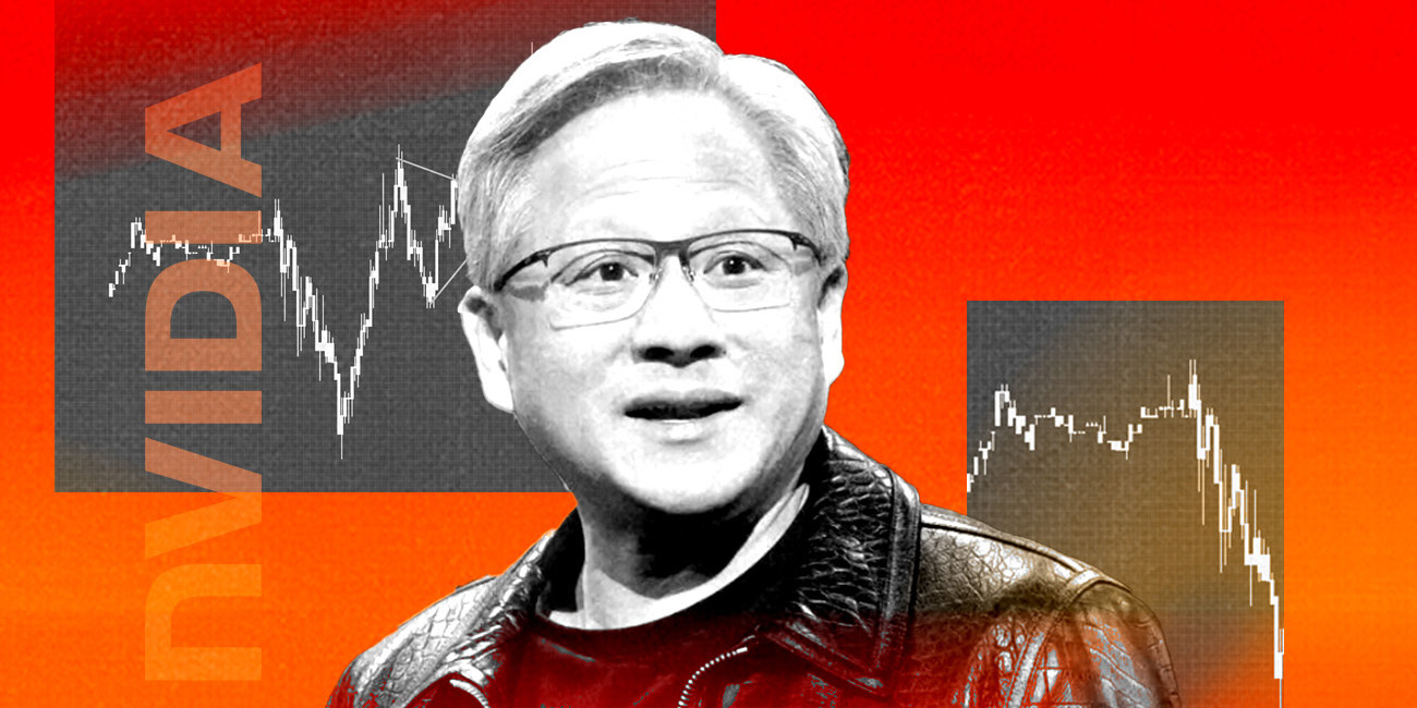 Nvidia CEO Jensen Huang against a red and orange background.