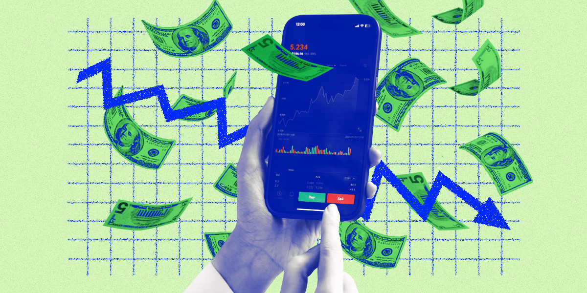 A cellphone open to a trading app. There are $100 bills floating around the illustration.