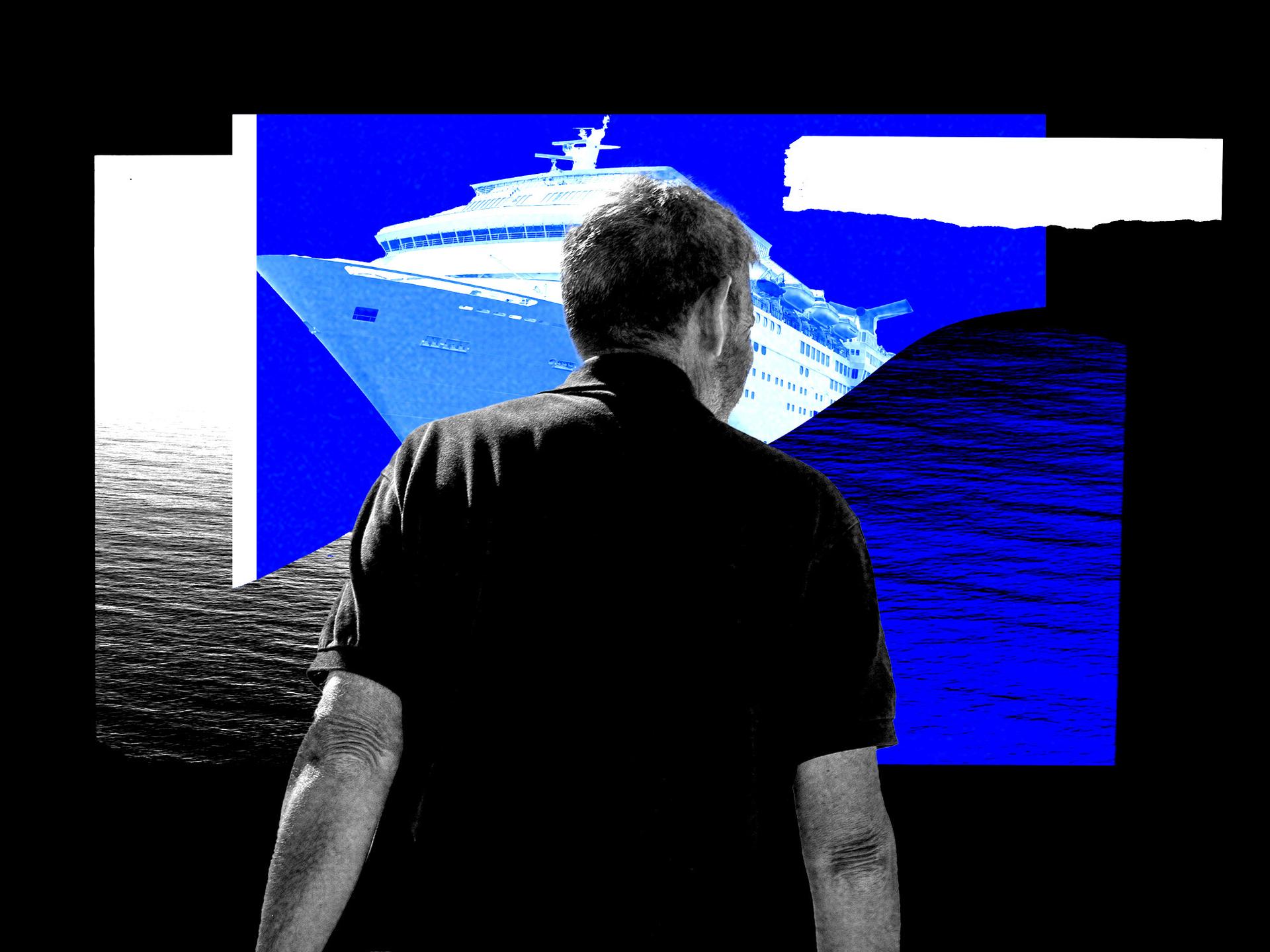 A collage of a man walking and a cruise ship in the background.