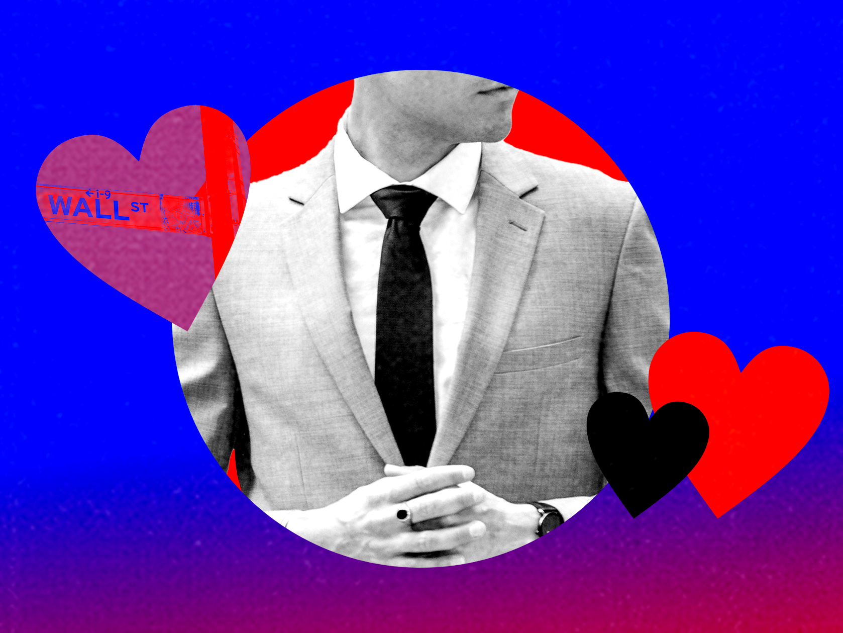 Photo of a man in a suit surrounded by hearts. 