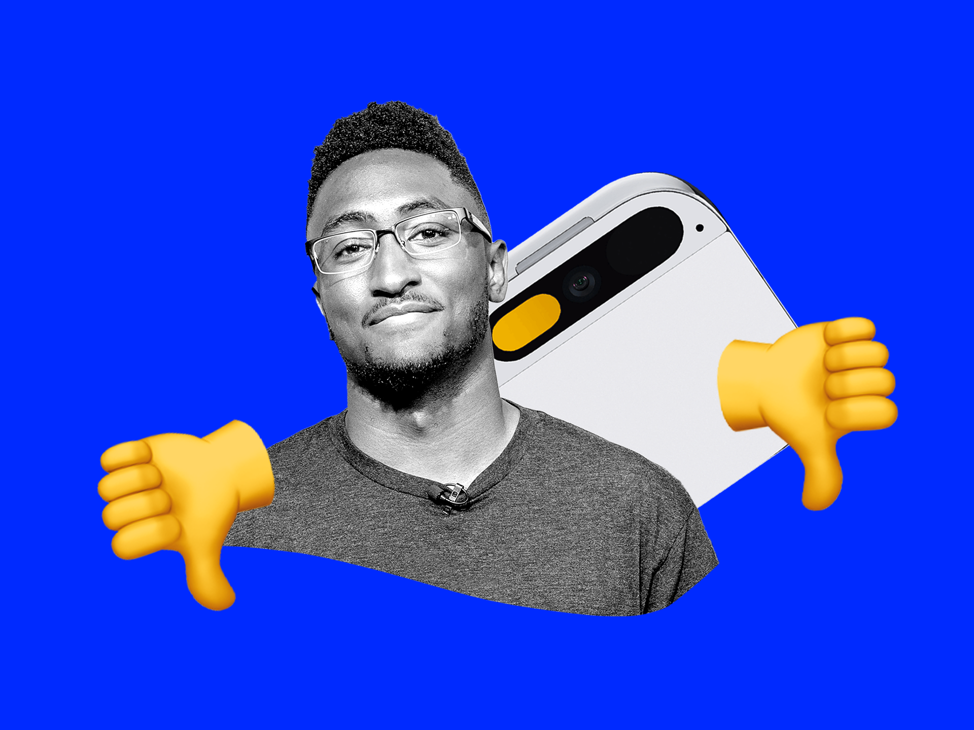 YouTuber Marques Brownlee with two thumbs down emojis on either side of him. 