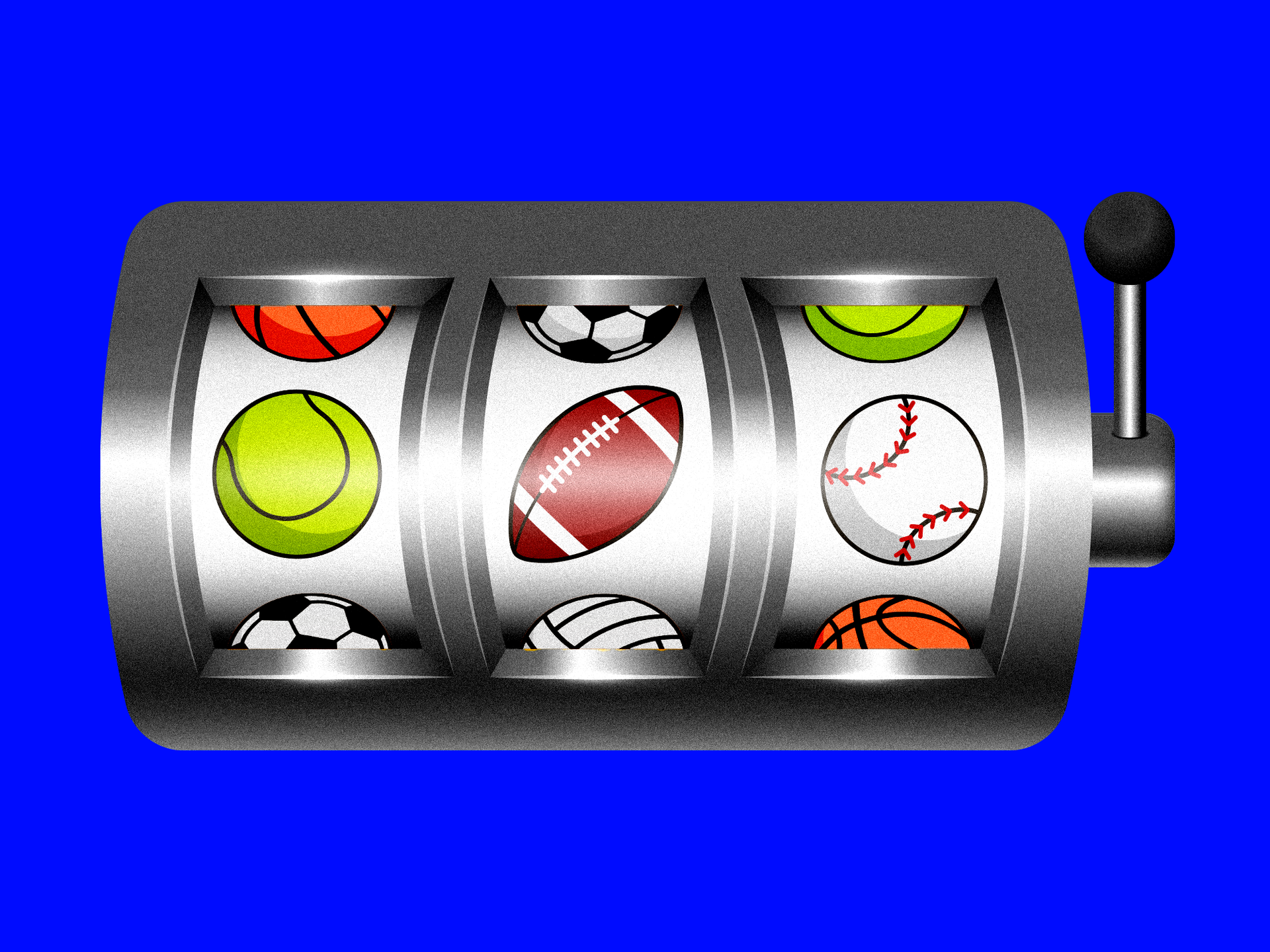 A slot machine with sports balls on it.