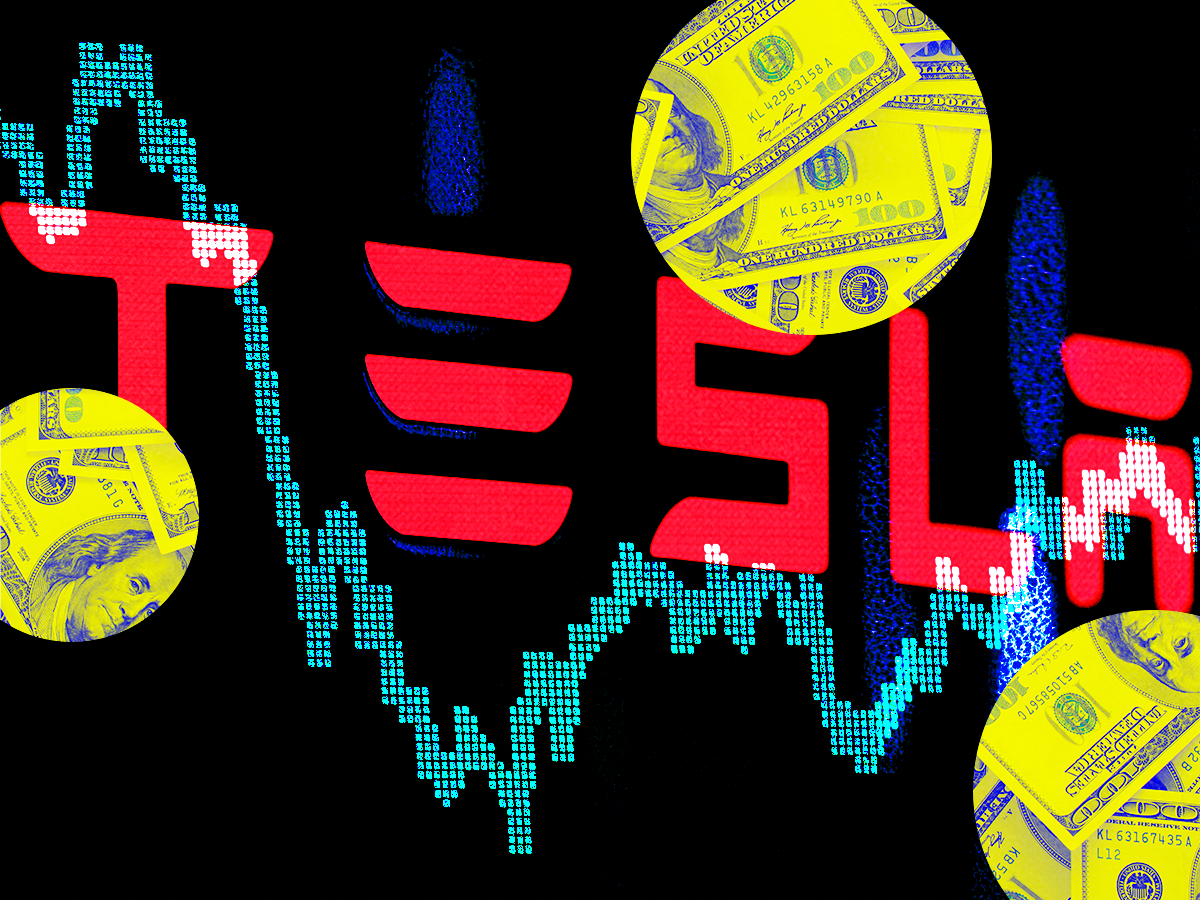 The Tesla logo against a stock chart.