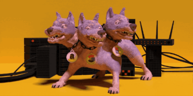 A gif of a three-headed dog growling.