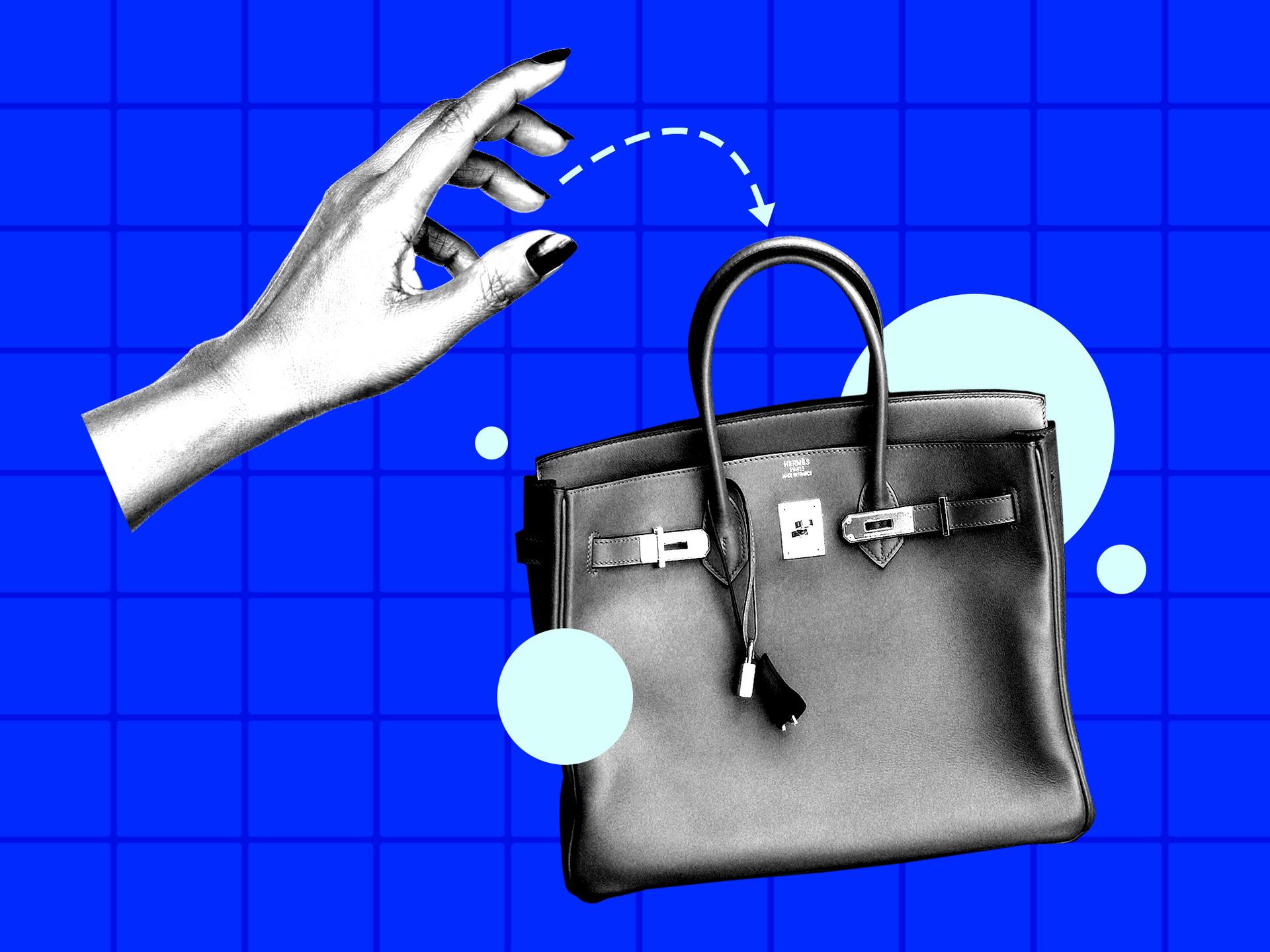 A photo collage of a woman's hand grabbing for a Hermès Birkin bag.