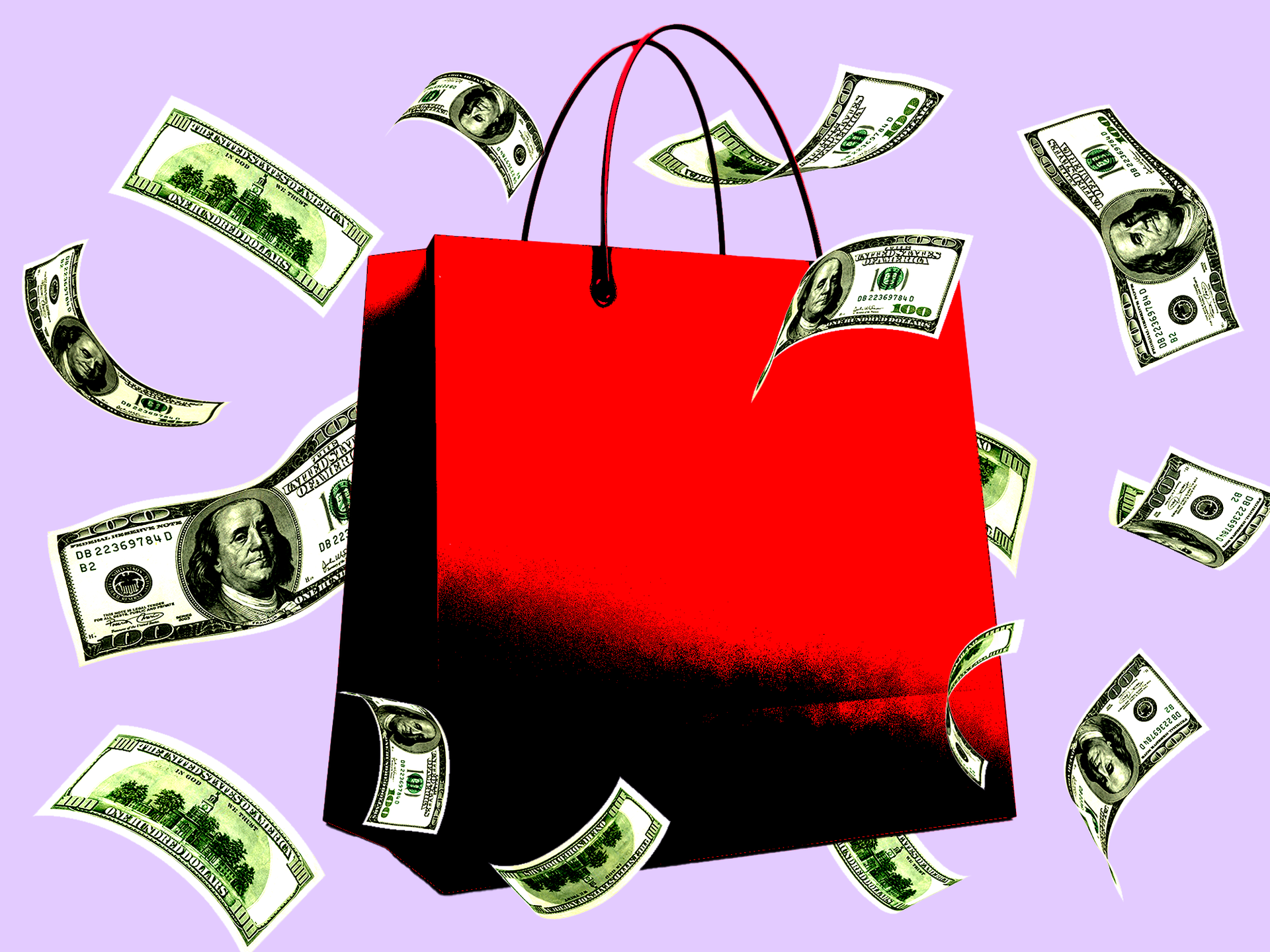 A red shopping bag with $100 bills surrounding it.