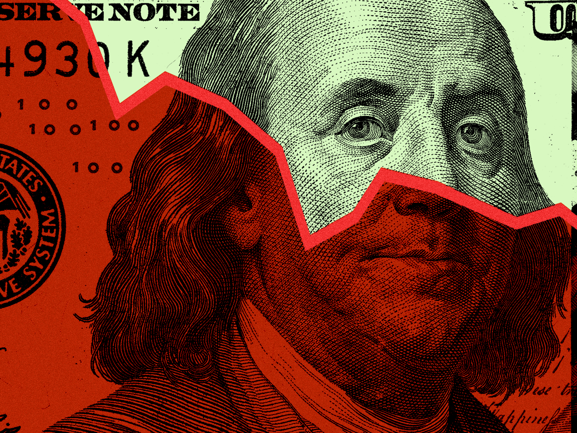 A $100 dollar bill with a declining graph overlayed on it.