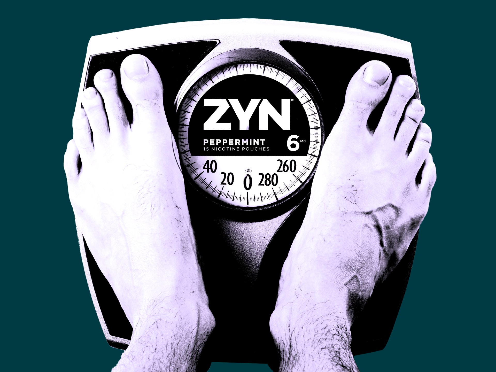 A photo illustration of a person's feet standing on a scale. The Zyn logo is seen on the screen of the scale.