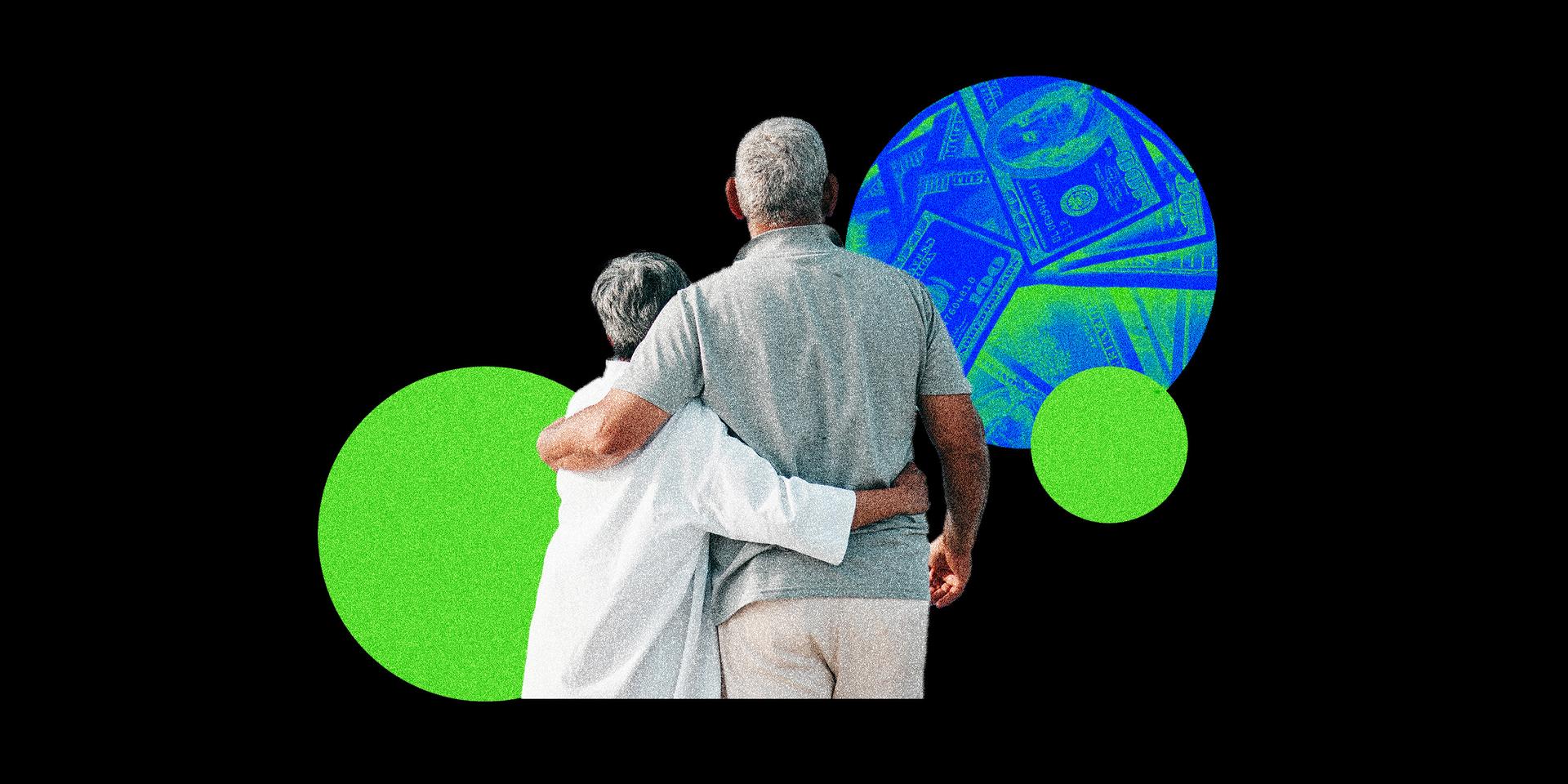 An older couple giving each other a side-hug.