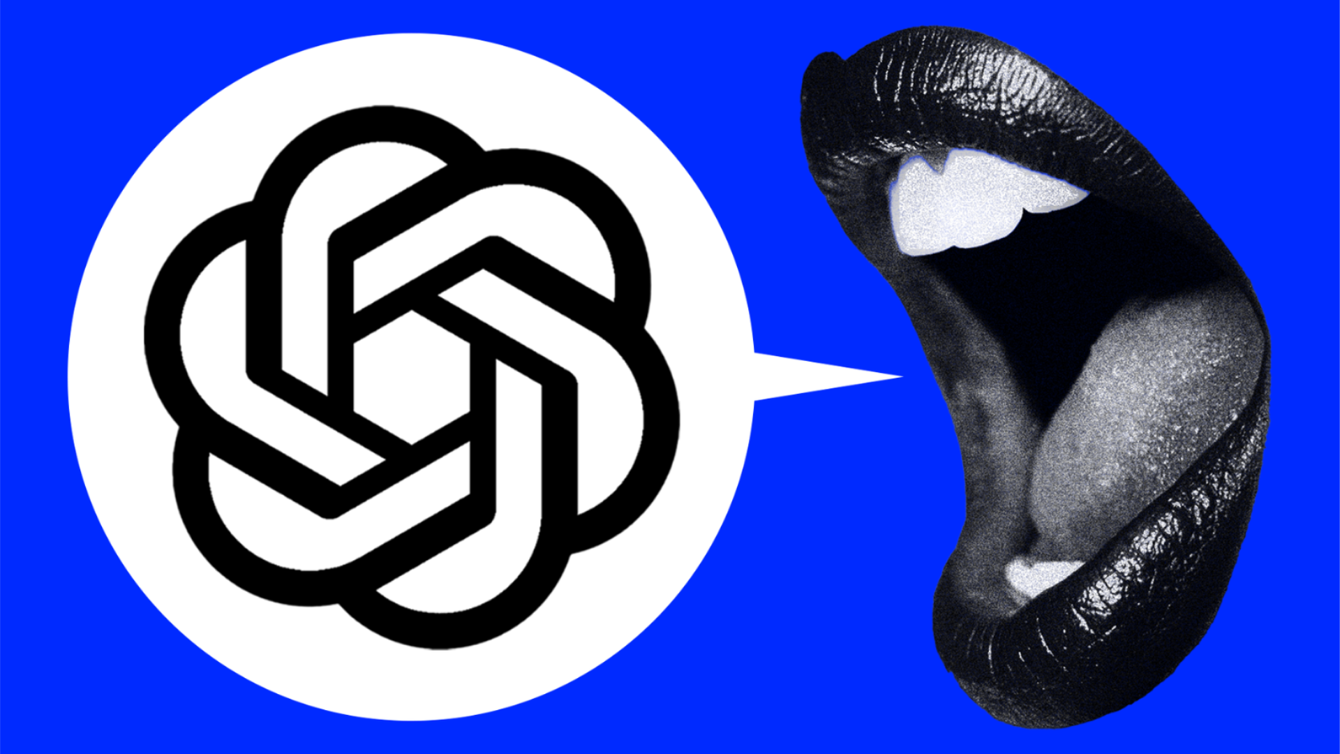 A mouth with a chat bubble next to it, with the OpenAI logo inside the chat bubble.