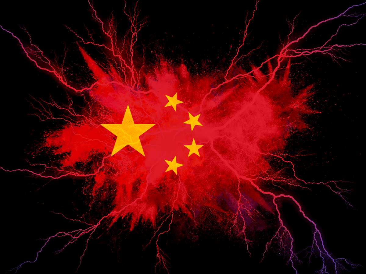 An electric shock overlayed by the stars of China's flag.