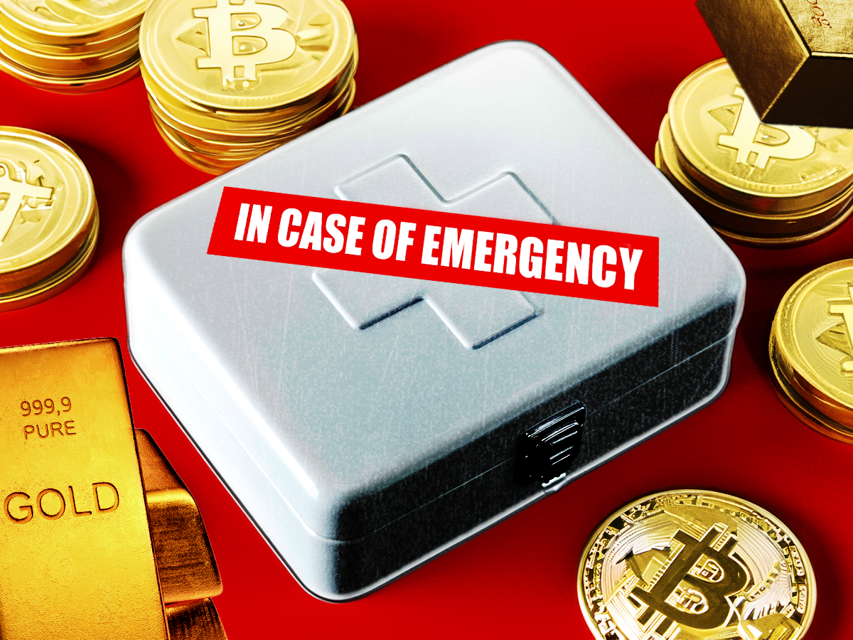 An emergency kit surrounded by gold bars and bitcoins.