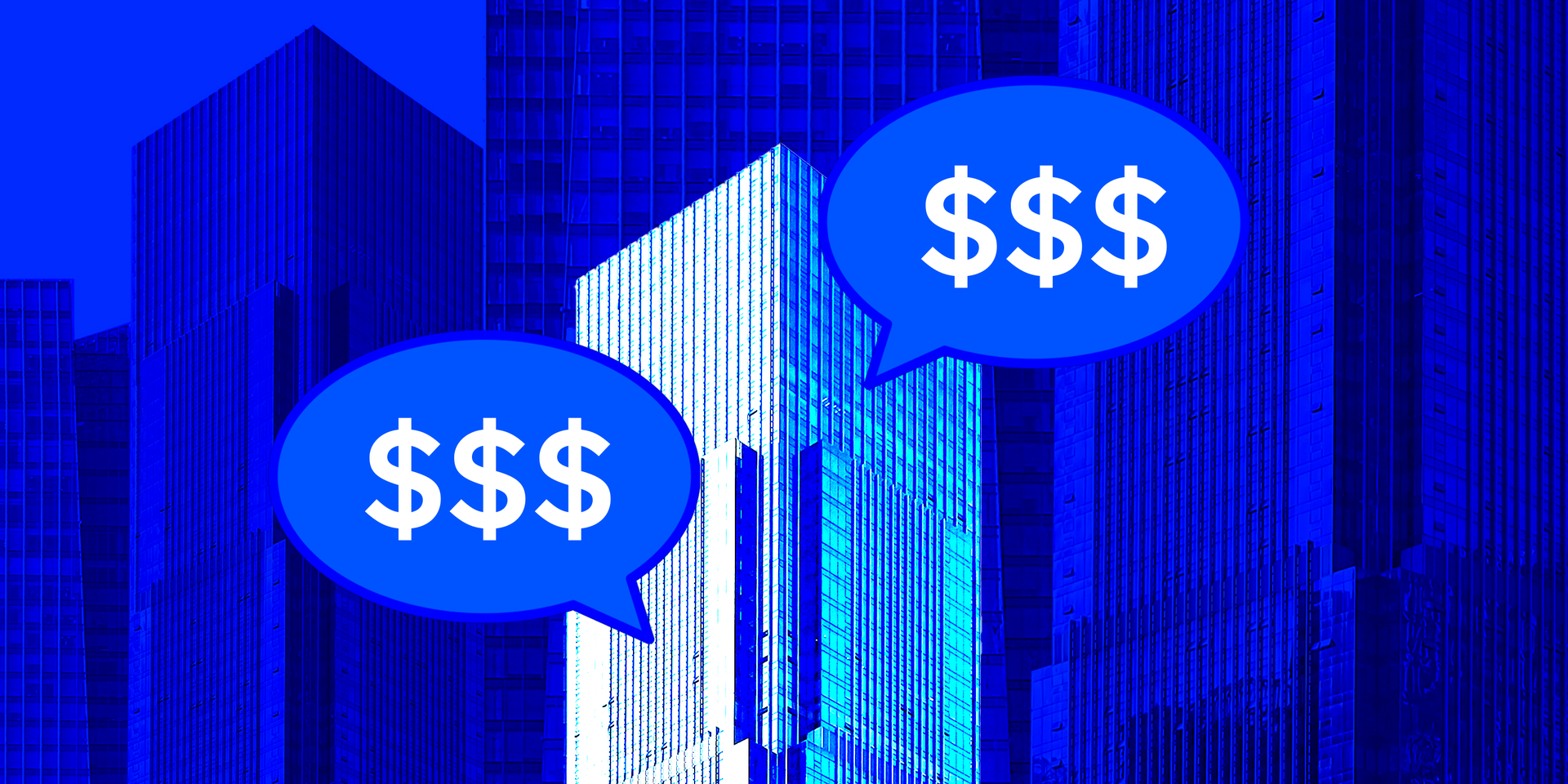 An illustration of a skycraper. There are chat bubbles on either side of it, each with dollar signs inside.