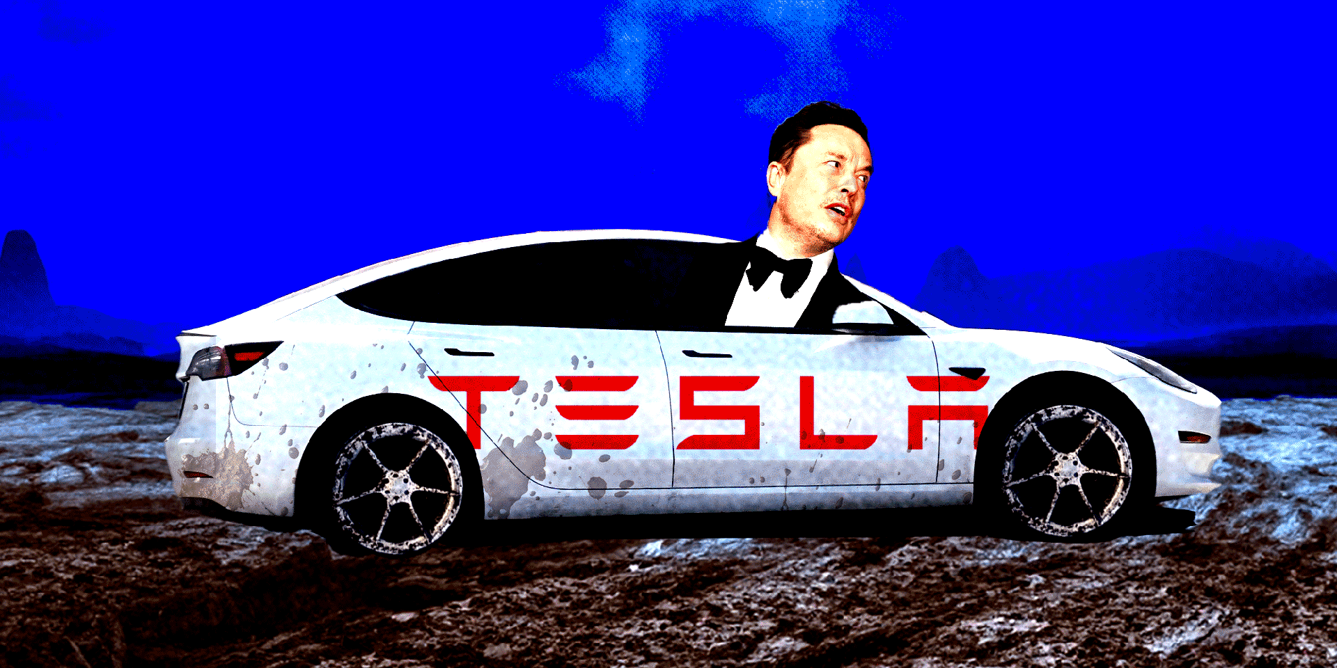 A photo illustration of Elon Musk leaning out the window of a Tesla.