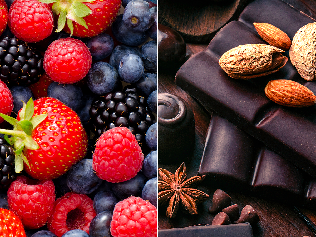 Berries (left); Dark chocolate (right).
