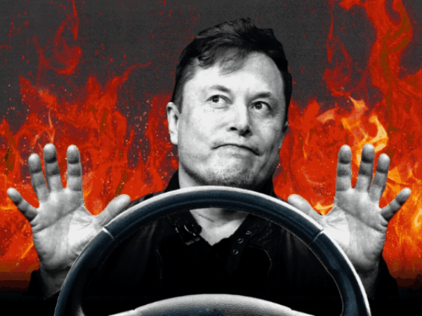 A gif of Elon Musk behind a steering wheel with his hands up. There are flames in the background.